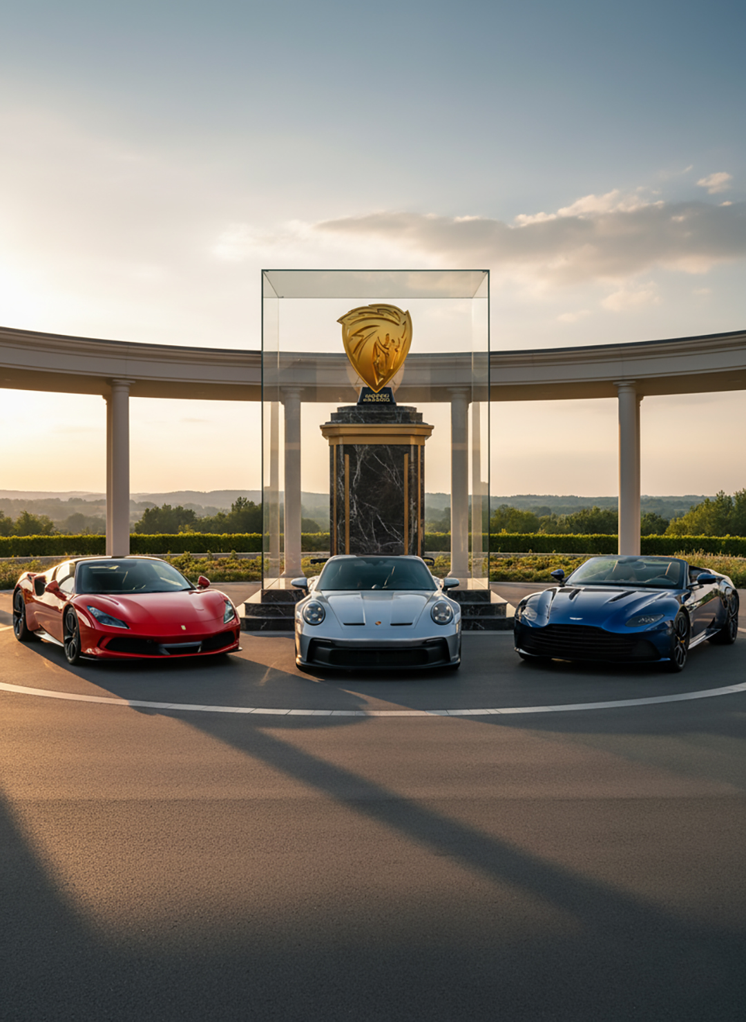 Three sports cars arranged around a golden trophy display