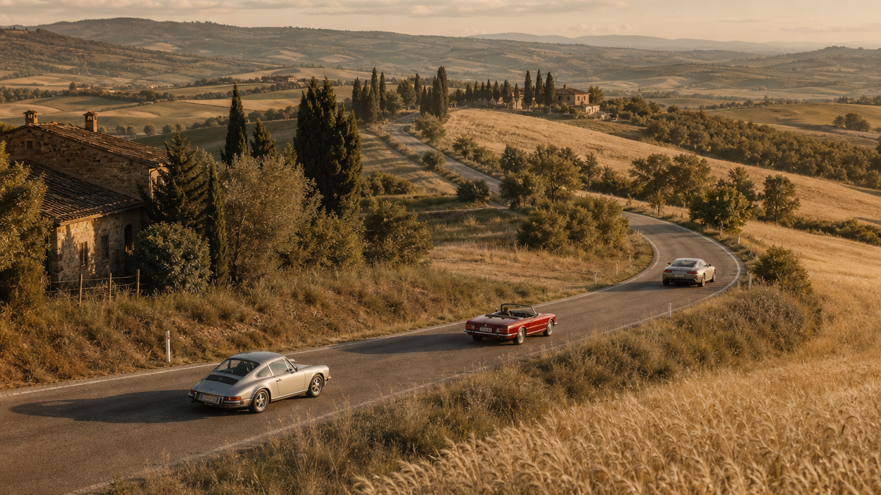 A classic car on a mountain road at dusk