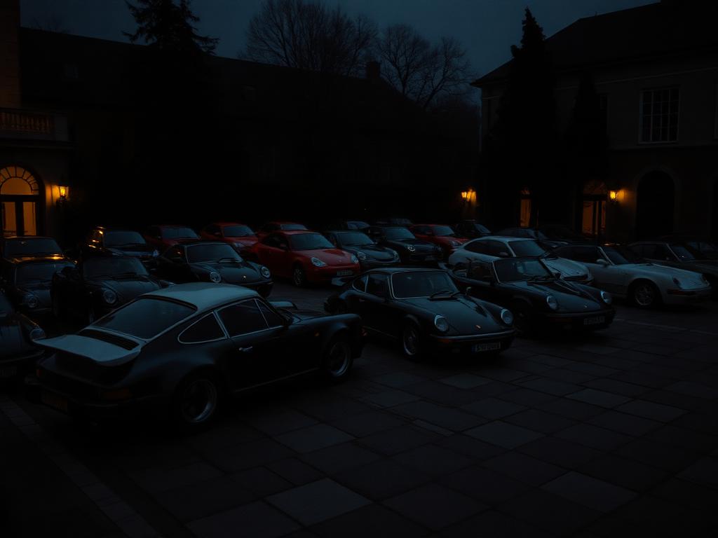 Classic sports cars gathered on a stone courtyard at dawn
