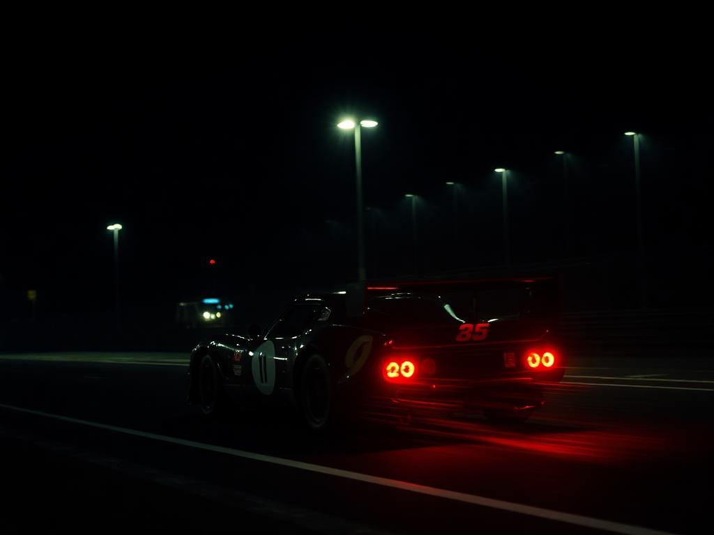 An endurance racing car under floodlights at night