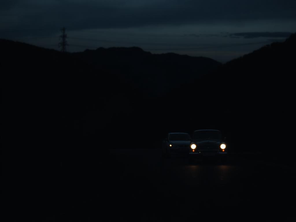A classic car on a mountain road at dusk